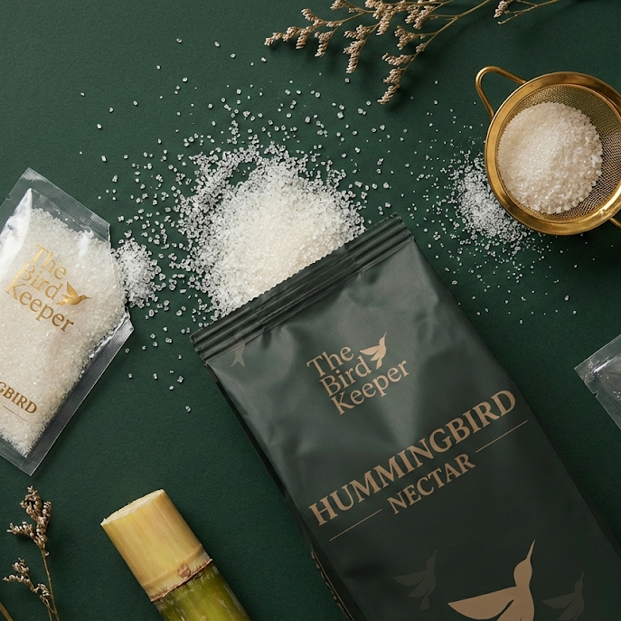 The Bird Keeper hummingbird nectar packaging on a green surface with decorative elements.